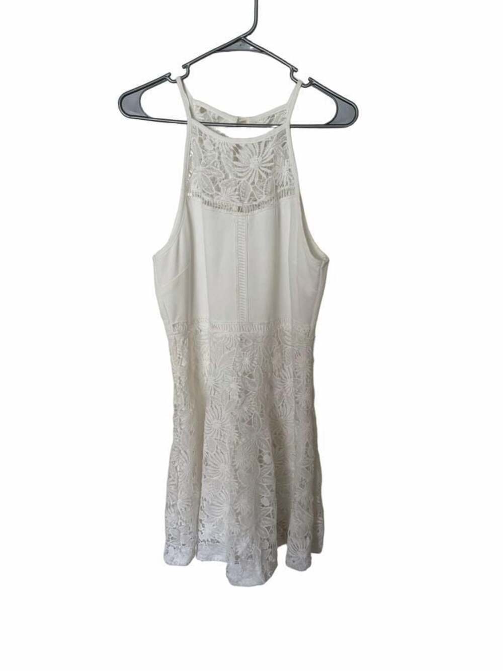 She + Sky White Lace Halter Dress with Illusion Neckline, Size L
